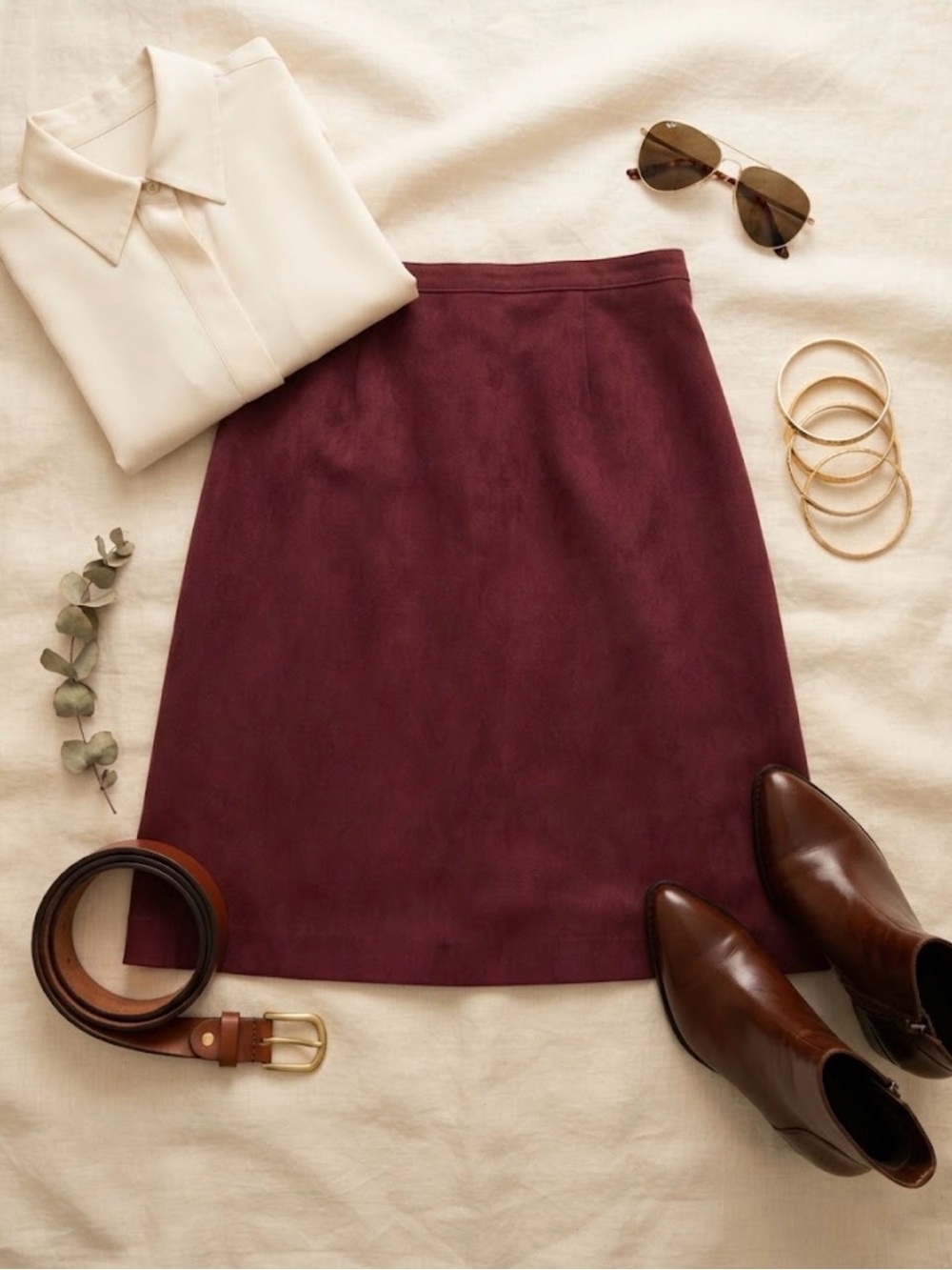 Women's Suede Like A-Line Skirt in Burgundy